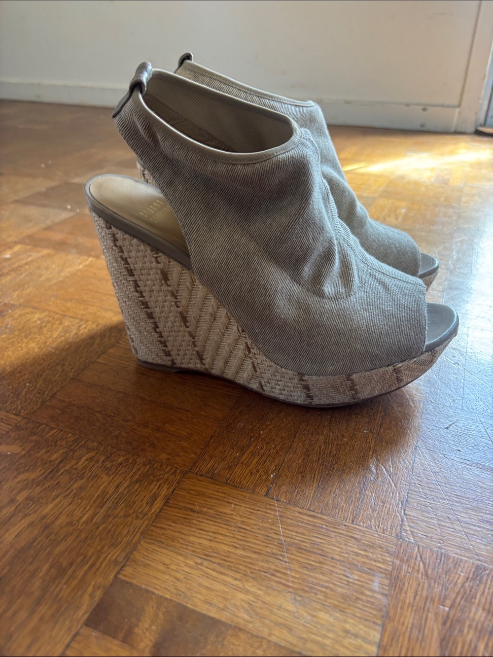 Stuart Weitzman Taupe Canvas Wedge Booties